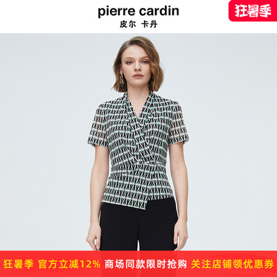 皮尔卡丹女装法式优雅V领印花T恤小众设计感短袖衬衫P4236A4002G3