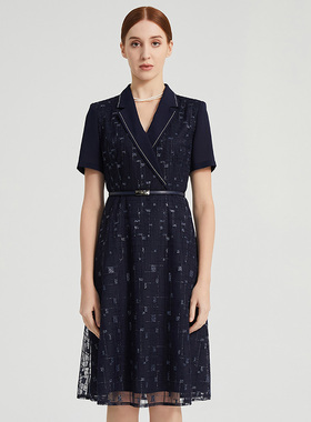 商场同款皮尔卡丹女装春夏季新款刺绣蕾丝西装连衣裙P2219D2042N0