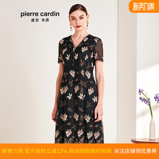 黑色短袖 商场同款 新款 夏季 V领蕾丝边连衣裙 皮尔卡丹女装