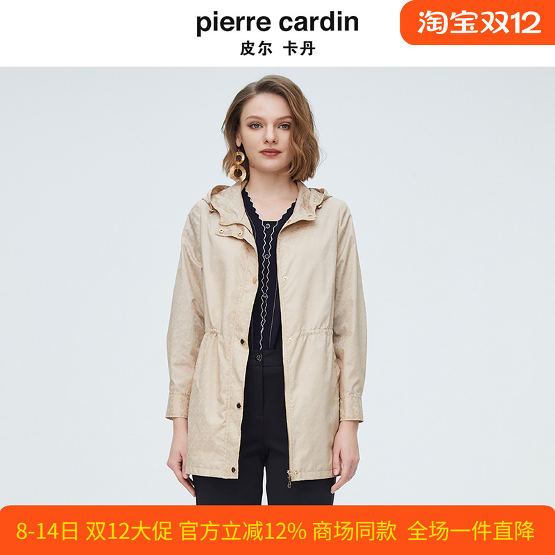 皮尔卡丹女秋新款驼色长袖连帽收腰风衣法式简约外套P4135G4023M0