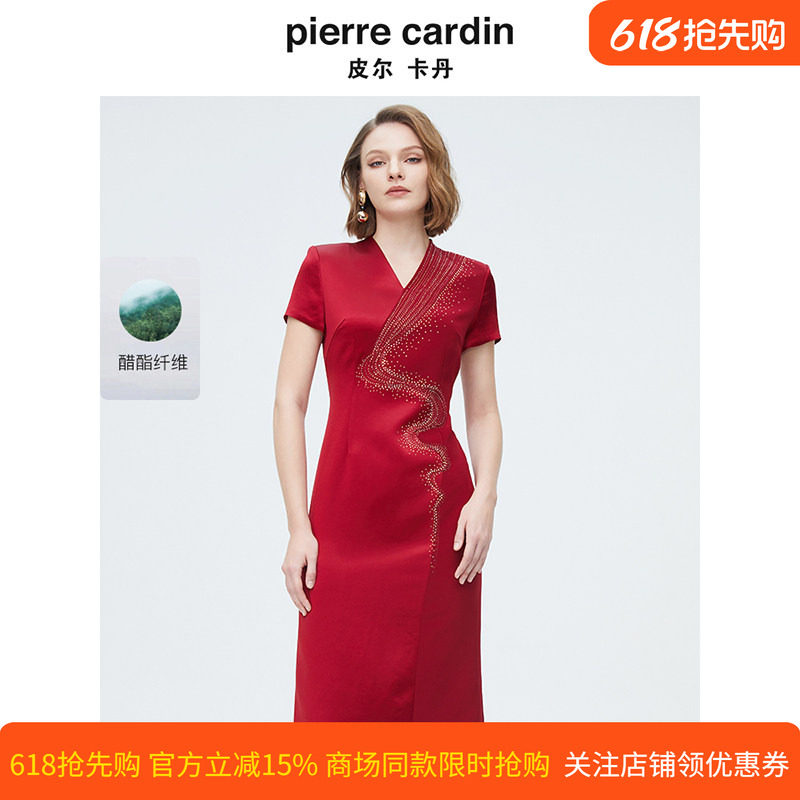商场同款皮尔卡丹女装连衣裙醋纤V领短袖宴会场合礼服裙