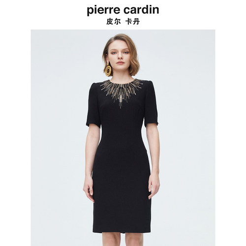 商场同款皮尔卡丹女装夏季时尚轻奢收腰礼服小黑裙
