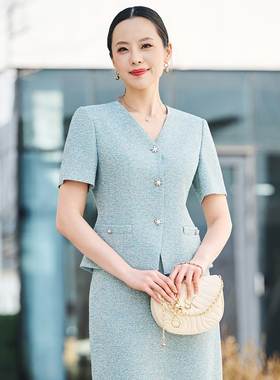 皮尔卡丹女26夏新款绿色短袖薄款通勤气质西服上衣P52055L5010G0