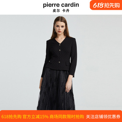 皮尔卡丹女装秋季新款V领黑色假两件长袖时尚连衣裙P4314E4980B0