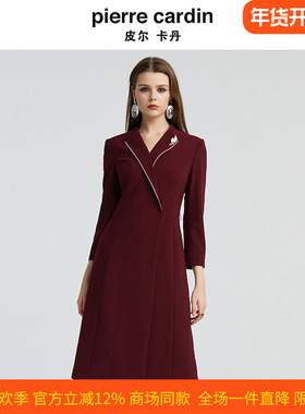 皮尔卡丹女装秋季新款长袖戗驳领酒红色端庄连衣裙P4344E4976T0