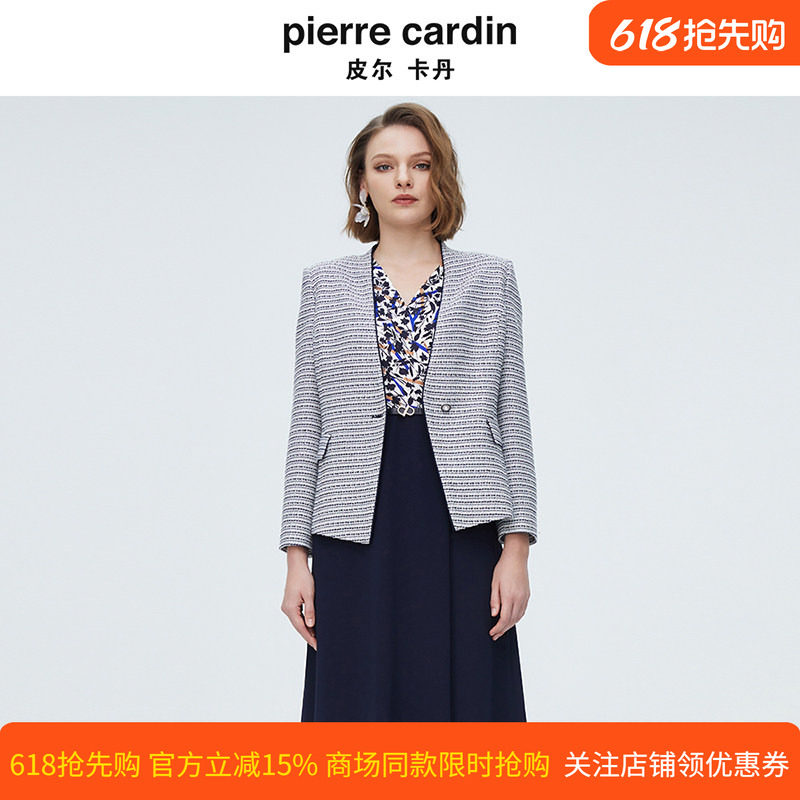 皮尔卡丹女装上衣千鸟格一粒扣大V领直筒西服女外套P4110U4042N3