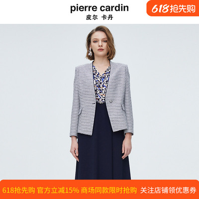 皮尔卡丹女装上衣千鸟格一粒扣大V领直筒西服女外套P4110U4042N3