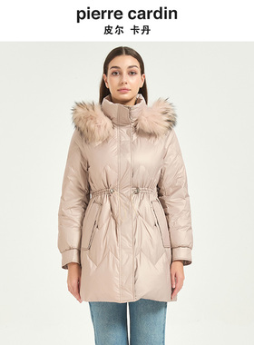 皮尔卡丹女装冬新款连帽毛毛领系带收腰时尚光面羽绒服CD54YS008