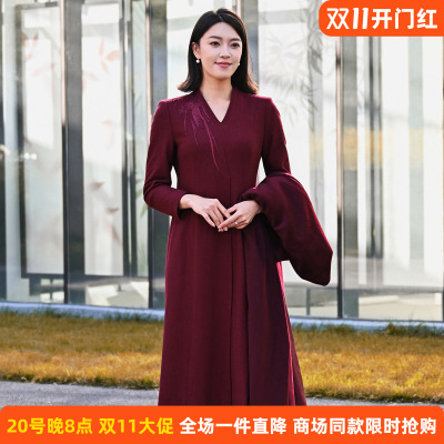 皮尔卡丹女装冬季新款红色V领长袖A字裙时尚商务裙P54008E5902T0