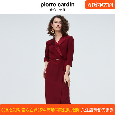 皮尔卡丹女装连衣裙气质正式场合醋纤西服领收腰长裙P4106E4033T0