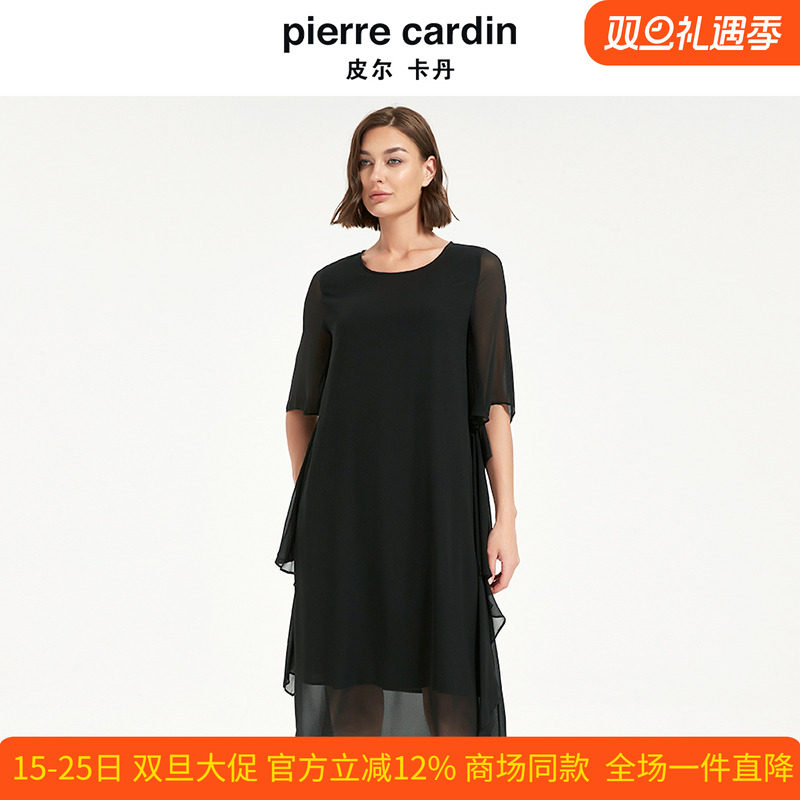 皮尔卡丹女装夏季新款黑色网纱短袖飘逸透气舒适连衣裙CD2DS036B0