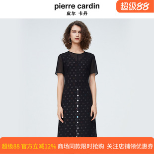 皮尔卡丹女装夏季新款圆领印花收腰开叉假两件连衣裙P4215D4009B0