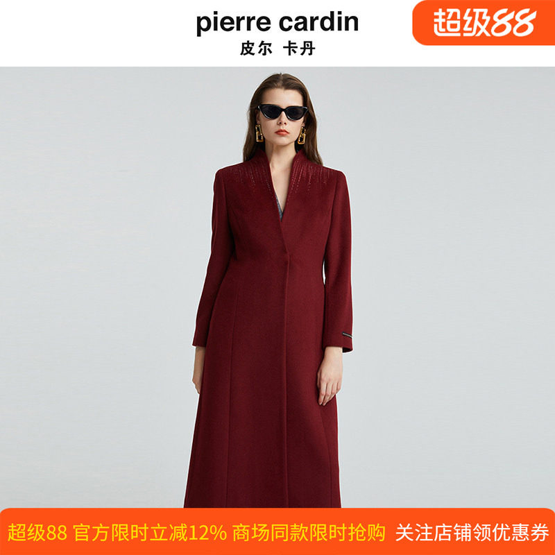皮尔卡丹女装酒红色中长款保暖外套时尚商务毛呢大衣P4452C4995T0