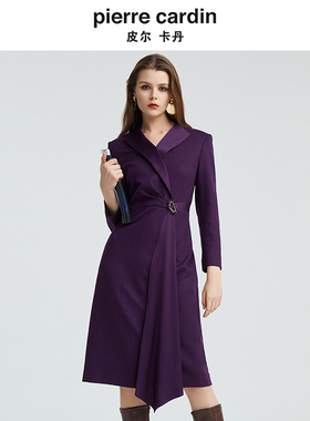 商场同款皮尔卡丹女装新款修身压褶收腰长袖连衣裙P4411E4891Z0