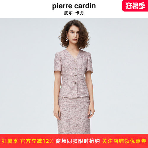 皮尔卡丹女装红花色单排扣短袖女上衣V领小外套P4245L3027R3