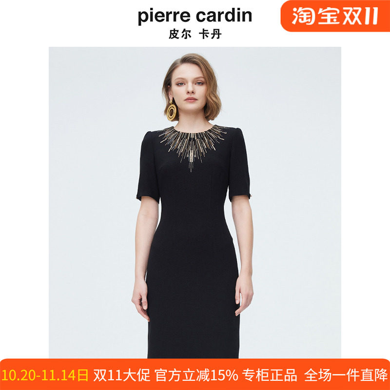 商场同款皮尔卡丹女装夏季时尚轻奢收腰礼服小黑裙