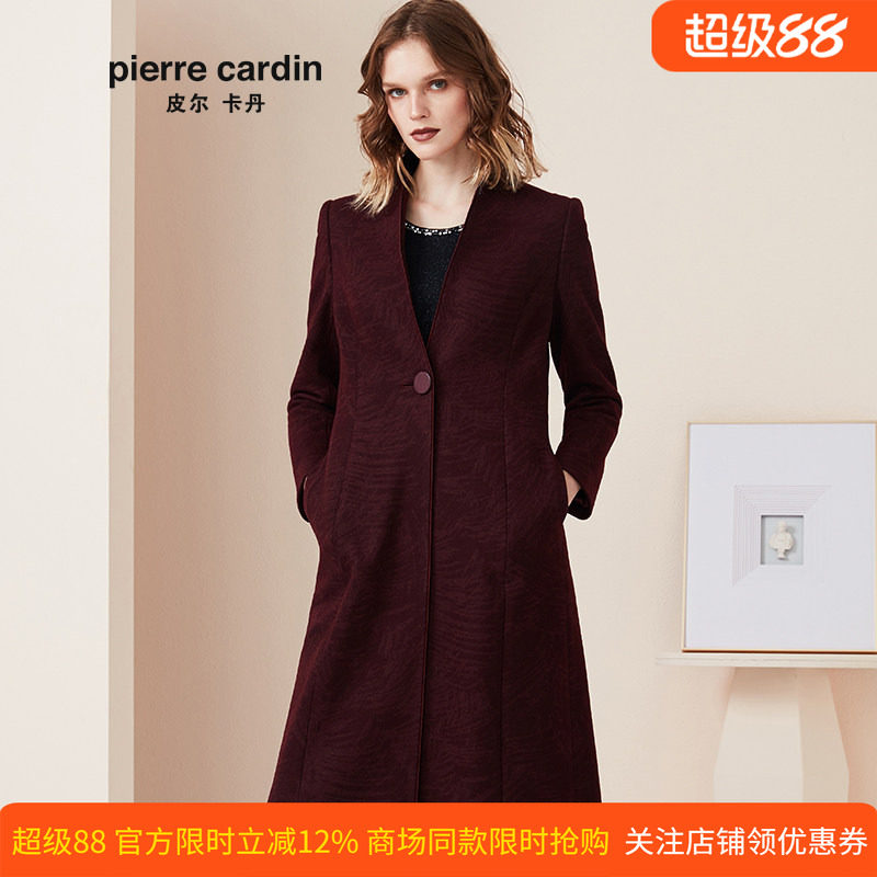 商场同款皮尔卡丹女装冬季时尚修身酒红色气质毛呢大衣