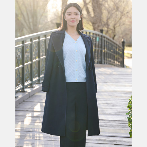 皮尔卡丹女装藏蓝商务通勤长风衣