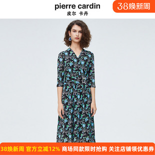 皮尔卡丹女装雪纺印花连衣裙女夏新款法式海边度假裙日常通勤长裙