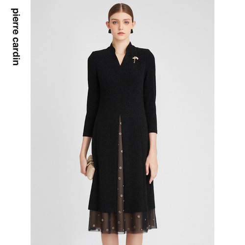 皮尔卡丹女装秋季新款小立领假两件西服式拼接连衣裙P3112E2846B0