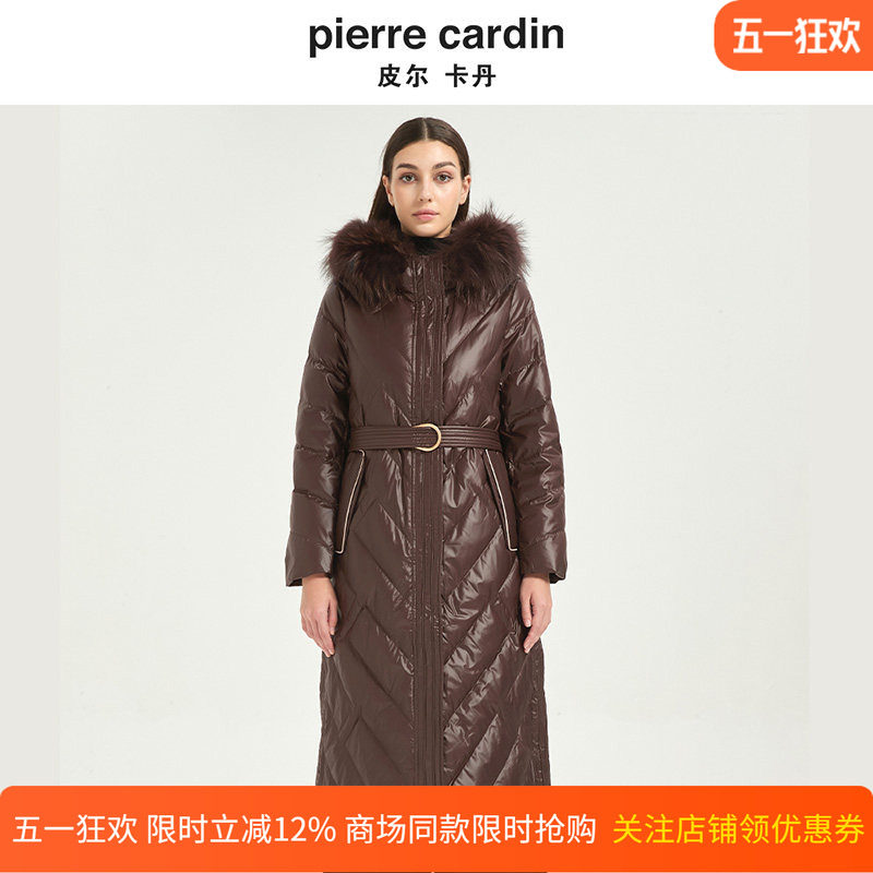 皮尔卡丹女装中长款时尚光面连帽貉子毛领高端羽绒服CD54YL007K0
