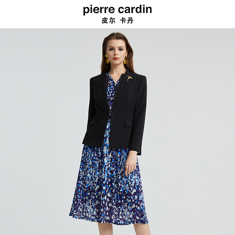 皮尔卡丹女装秋季新款纯黑色无领醋酸行政商务女西服P4332U4970B0