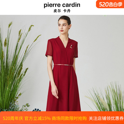 皮尔卡丹女装夏季新款红色V领短袖A字裙收腰连衣裙P3215D3113R0