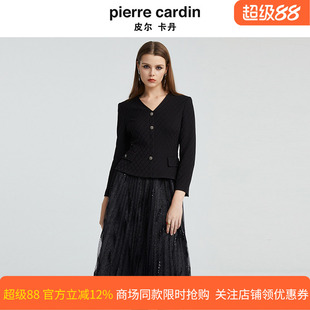 皮尔卡丹女装秋季新款V领黑色假两件长袖时尚连衣裙P4314E4980B0