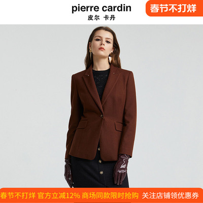 皮尔卡丹女装秋冬新款咖色短款商务西装外套正装西服P4408U4965K0