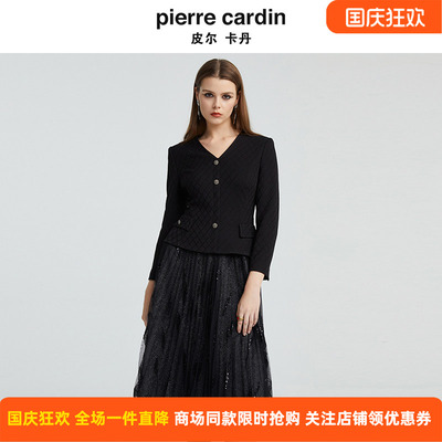 皮尔卡丹女装秋季新款V领黑色假两件长袖时尚连衣裙P4314E4980B0