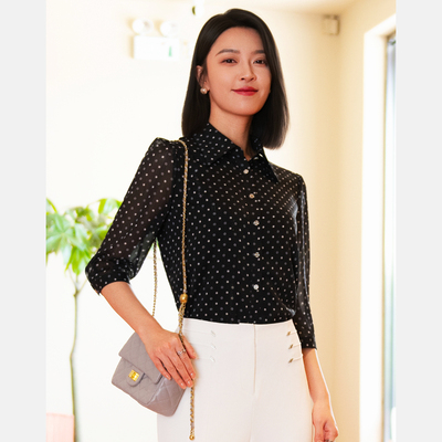 皮尔卡丹女26夏新款黑花色网纱袖翻领百搭打底衬衫P52063B5018B3