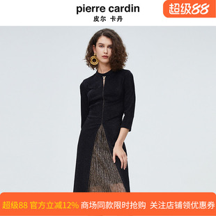 皮尔卡丹女装秋季新款长袖黑色圆领拼接小众连衣裙P4123E4071B0