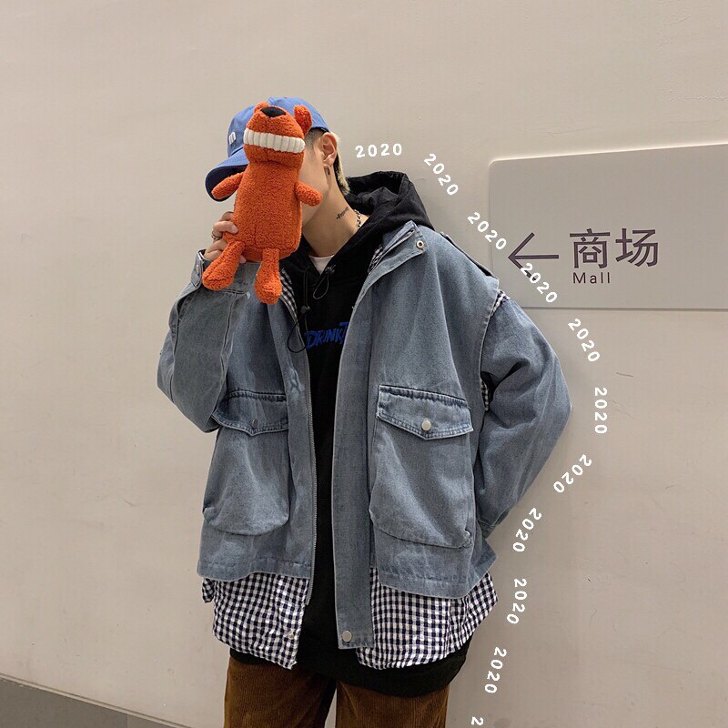 XZ216-JK31-P105 【已出货】20春新款男士牛仔假两件外套宽松格子图片
