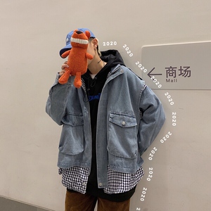 XZ216-JK31-P105 【已出货】20春新款男士牛仔假两件外套宽松格子图片