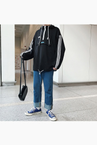 XZ216-WY01-P58 2018男士秋冬新款卫衣连帽印花字母条纹三条杠 黑图片