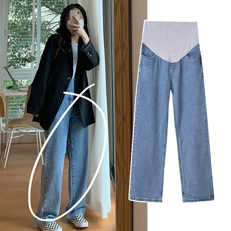 好货孕妇裤子牛仔裤春秋季直筒阔腿裤九分春夏季外穿时尚宽松长裤