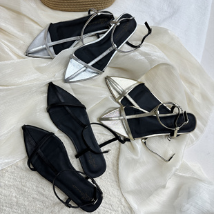 gelly真皮尖头平底凉鞋女银色十字带露趾性感沙滩鞋小众设计女鞋