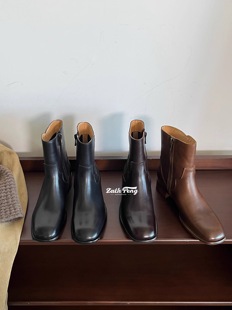 zachpeng中跟马丁靴女棕色复古短靴2025方头粗跟瘦瘦靴真皮切尔西