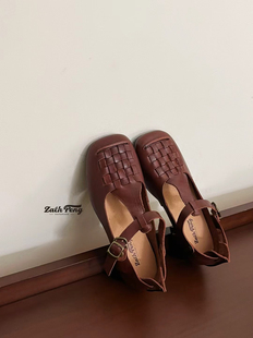 zachpeng2025法式复古手工编织包头凉鞋女真皮玛丽珍鞋女小皮鞋单