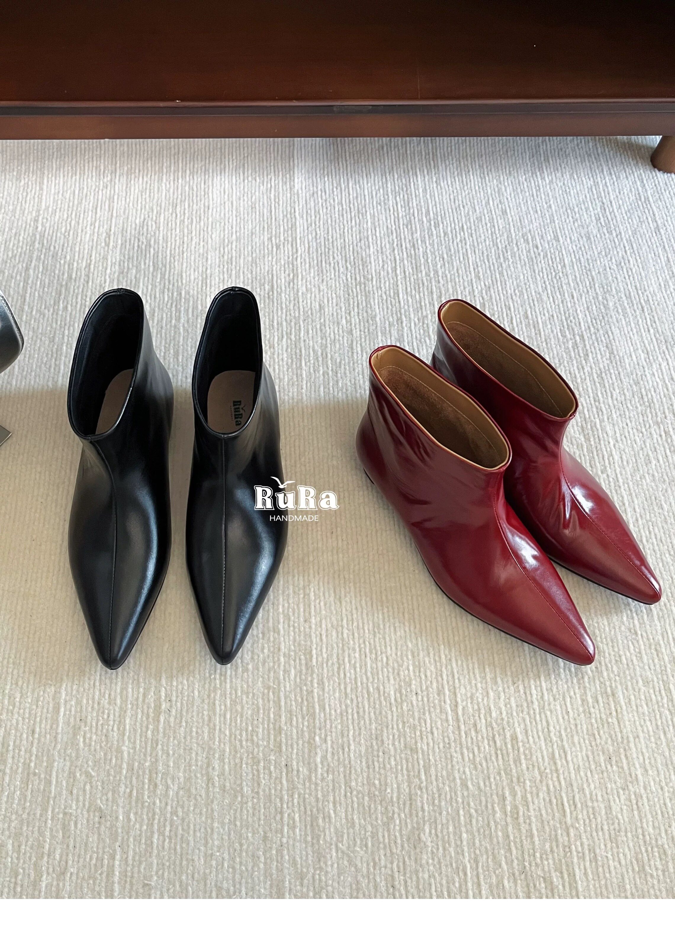 rura真皮法式气质尖头韩系小踝靴2025百搭瘦瘦靴平底切尔西小短靴