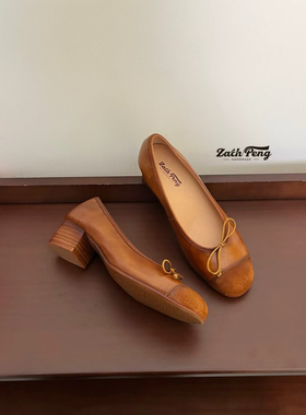 ZACH PENG优雅复古拼色蝴蝶结真皮单鞋女浅口圆头温柔软皮平底鞋