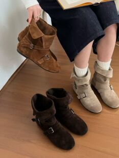 gelly2025年新款勃肯堆堆靴磨砂牛皮圆头皮带扣两穿中筒西部靴女