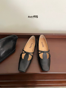 ZACH PENG法式复古粗跟方头T型扣带女鞋2025气质通勤时尚百搭单鞋