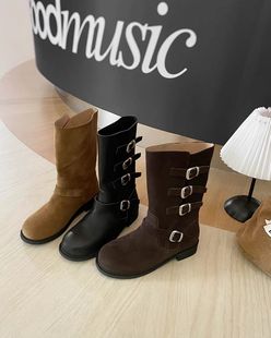 tombor韩版真皮马丁靴女英伦风2025新款皮带扣复古中筒粗跟骑士靴