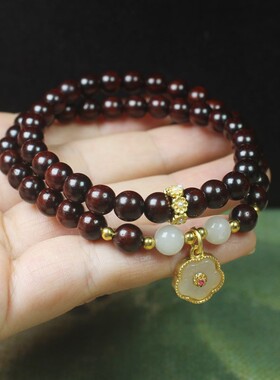 2026赞比亚紫檀血檀0.6双圈手链金色花朵款 女款复古饰品文玩