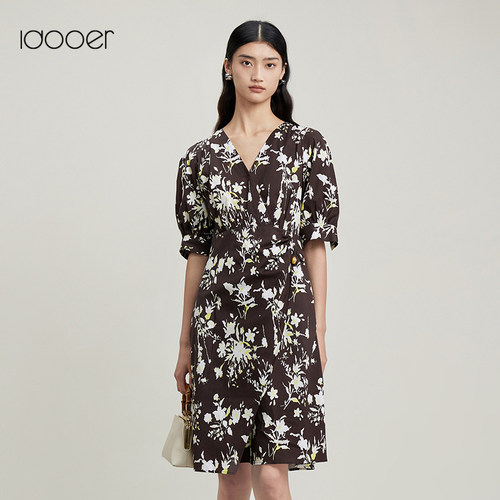 idooer法式优雅印花收腰茶歇裙