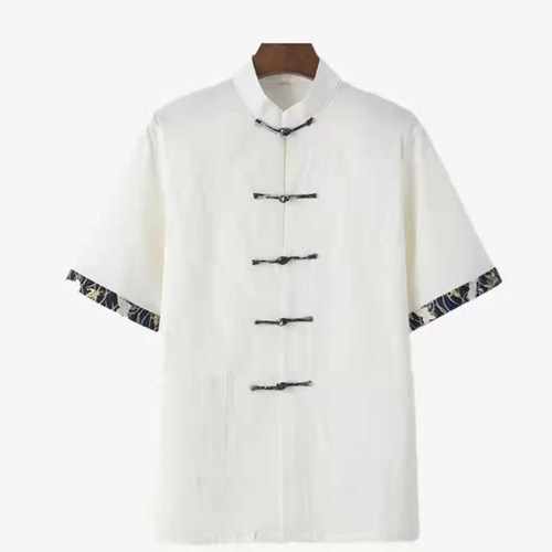 唐装男士弹力麻短袖T恤夏季中国风潮流上衣中式复古衬衫盘扣半袖