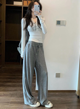 巨显瘦抖抖裤！纸片腰走起！薄款！垂！软！针织慵懒直筒休闲长裤