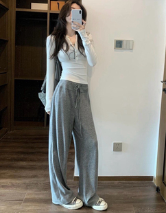 纸片腰走起 针织慵懒直筒休闲长裤 薄款 软 垂 巨显瘦抖抖裤