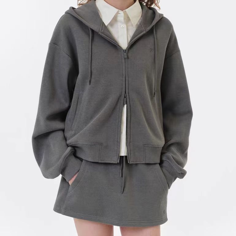 韩国小众  纯色基础百搭可拆卸衬衫领假两件连帽拉链卫衣外套上衣